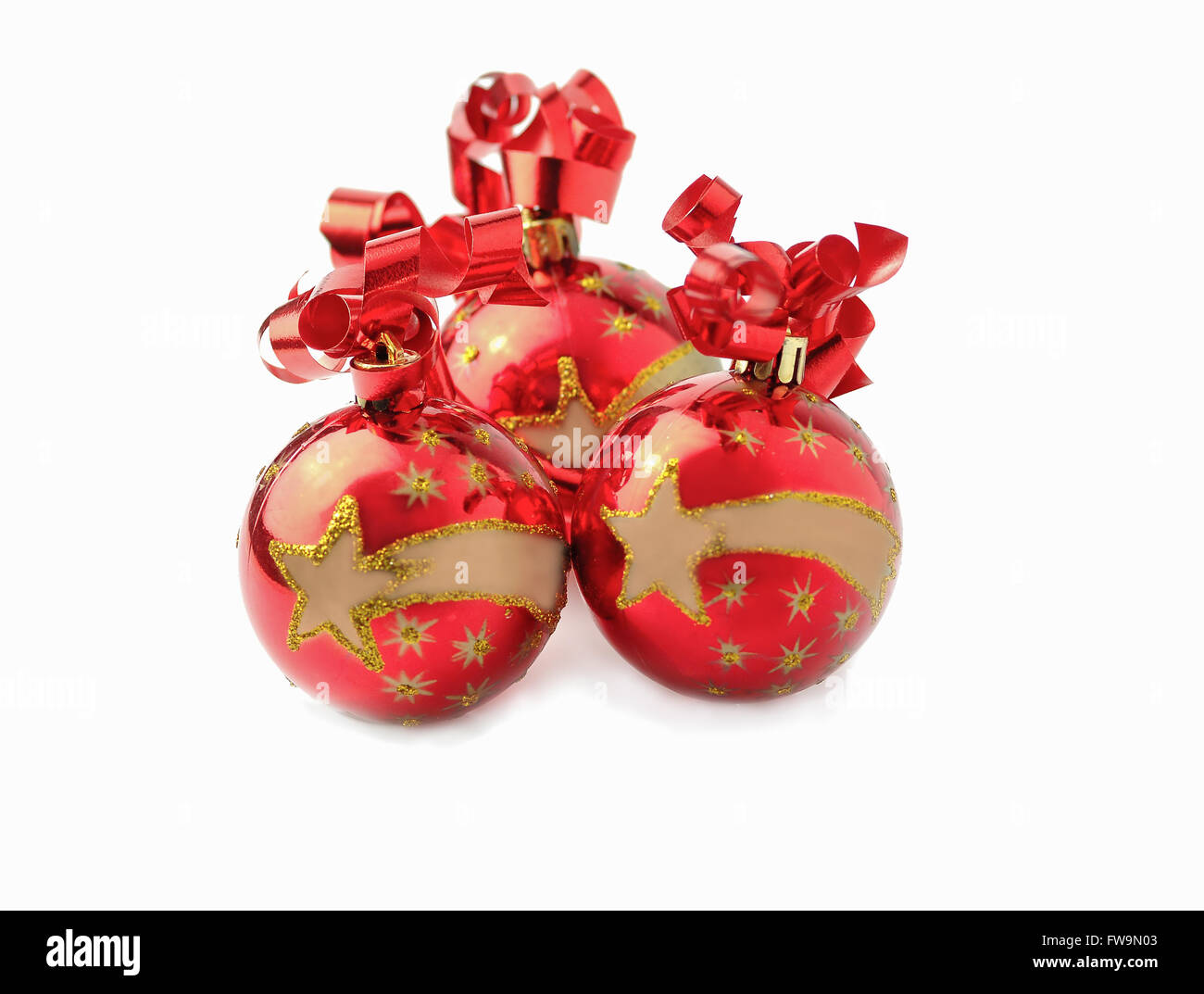 Christmas decorations with red ribbon on white background Stock Photo
