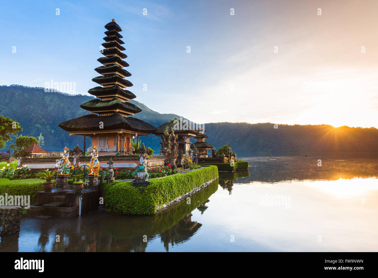 Pura Ulun Danu Bratan at sunrise, famous temple on the lake, Bedugul, Bali, Indonesia. Stock Photo