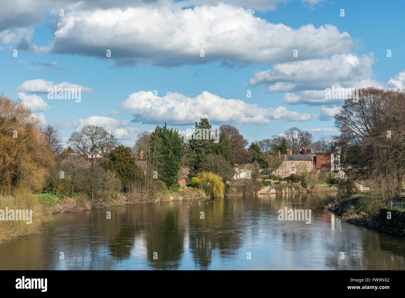 The River Wye at Hereford, seen from St. Martin's Bridge, on a sunny Spring day. Stock Photo