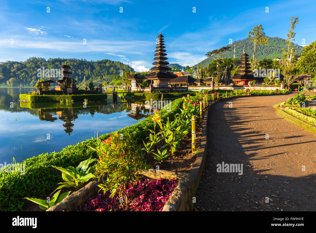 Pura Ulun Danu Bratan at sunrise, famous temple on the lake, Bedugul, Bali, Indonesia. Stock Photo