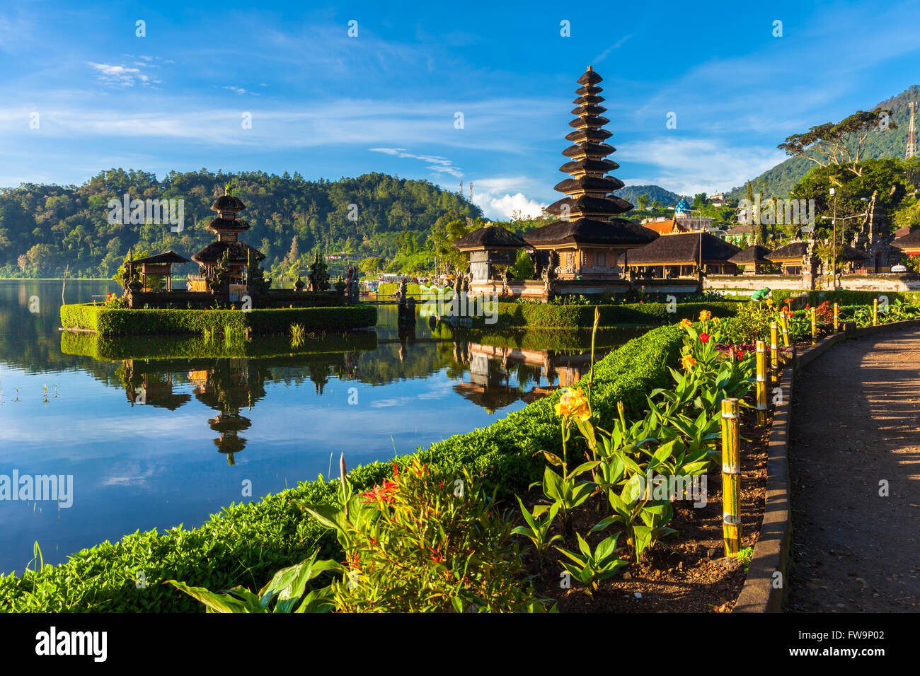 Pura Ulun Danu Bratan at sunrise, famous temple on the lake, Bedugul, Bali, Indonesia. Stock Photo