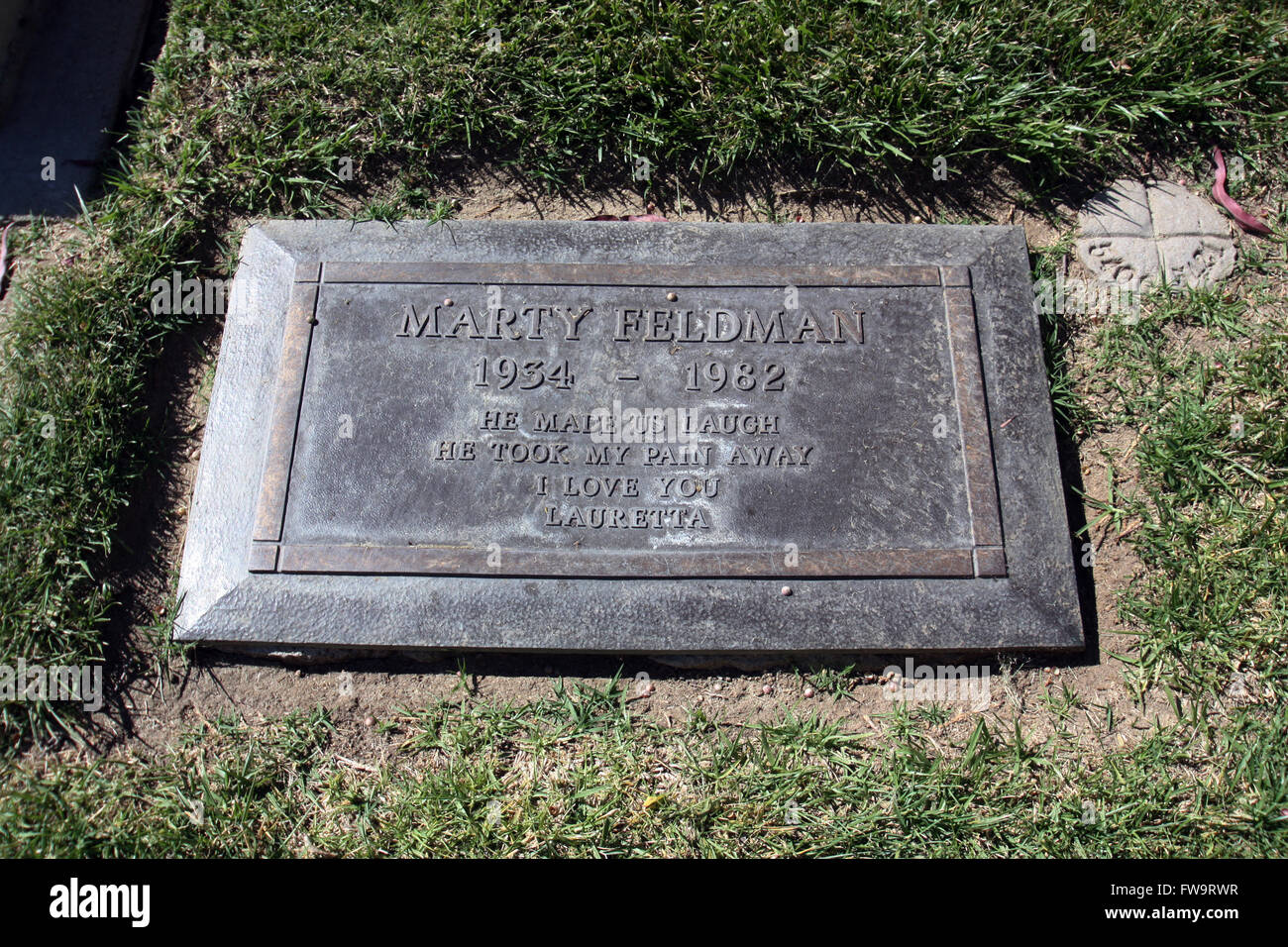 Celebrity final resting places - Forest Lawn Memorial Park Hollywood Hills: The grave of actor Marty Feldman where he was laid to rest at the section Garden of Heritage. In 1961 he was diagnosed with severe hyperthyrodism which affected his eyes giving hi Stock Photo