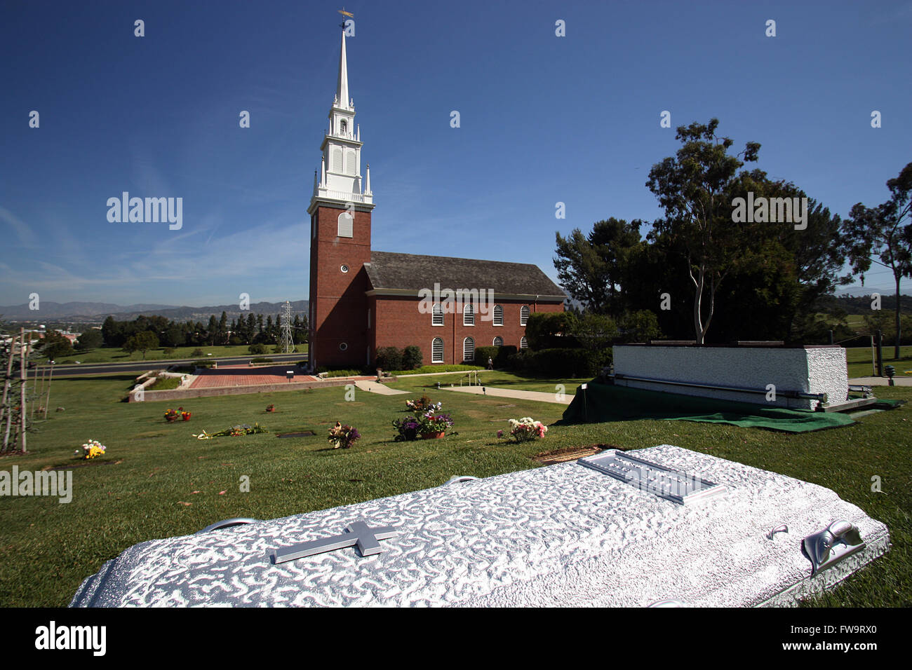 Celebrity final resting places - Forest Lawn Memorial Park Hollywood Hills: The Old North Church.  Featuring: General view Where: Los Angeles, California, United States When: 01 Mar 2016 Stock Photo