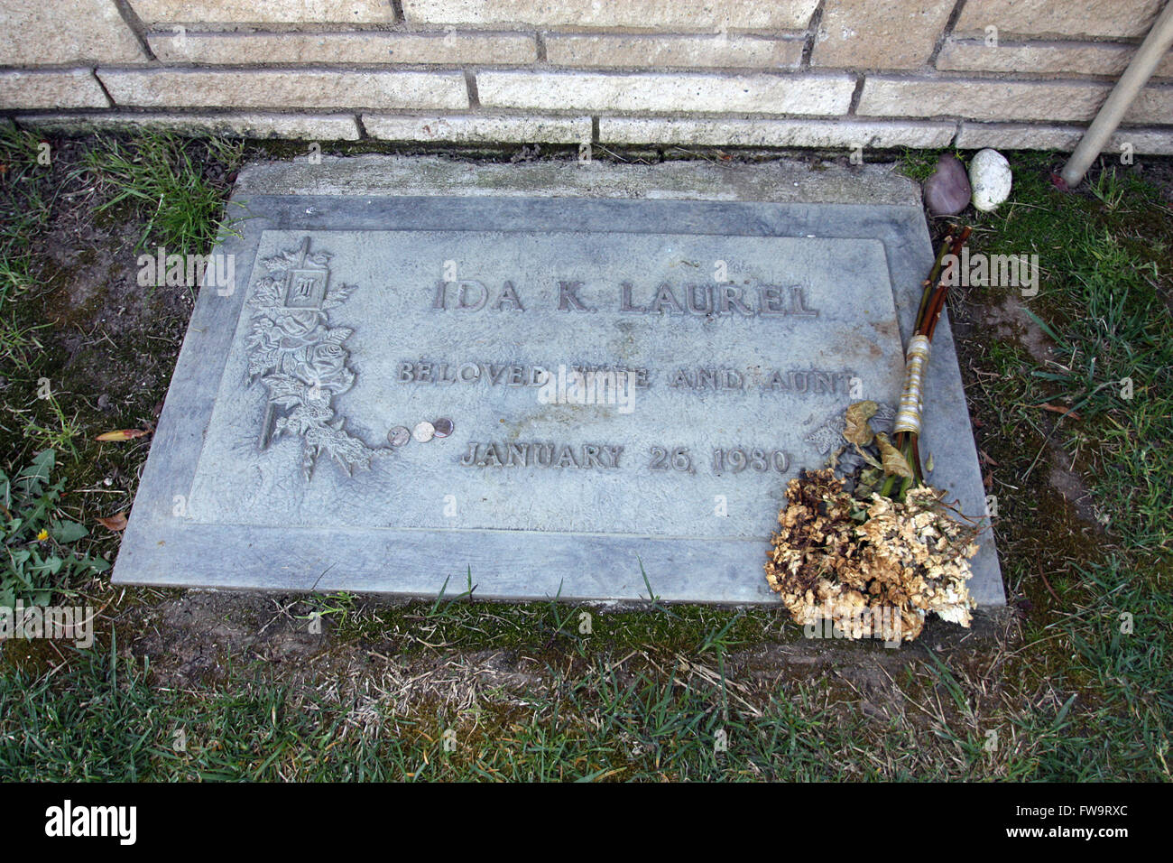 Celebrity final resting places - Forest Lawn Memorial Park Hollywood Hills: The grave of actor Stan Laurel and his wife Ida K. Laurel where they were laid to rest at the George Washington Section.  Featuring: Stan Laurel, Ida K. Laurel Where: Los Angeles, Stock Photo