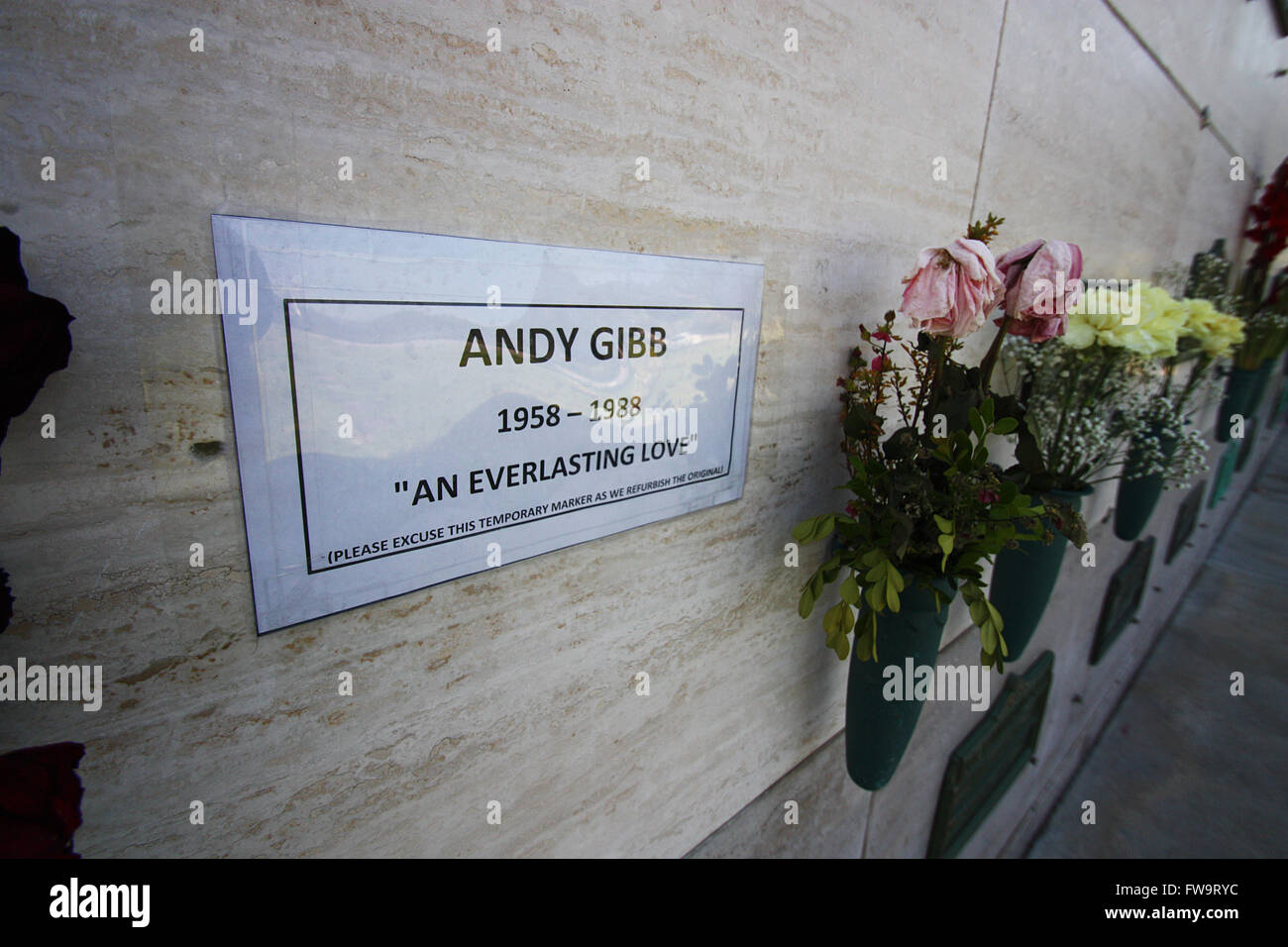 Celebrity final resting places - Forest Lawn Memorial Park Hollywood Hills: The grave of musician Andy Gibb where he was laid to rest at the section Courts of Remembrance.  Featuring: Andy Gibb Where: Los Angeles, California, United States When: 01 Mar 20 Stock Photo