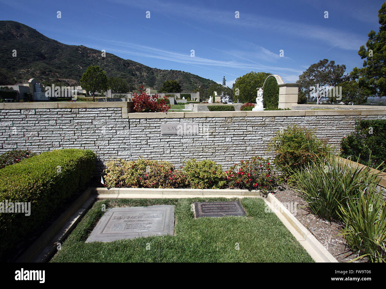 Celebrity final resting places - Forest Lawn Memorial Park Hollywood Hills: The grave of 'Kojak' actor Telly Aristotle Savalas where he was laid to rest at the section Gardens of Heritage.  Featuring: Telly Savalas Where: Los Angeles, California, United S Stock Photo