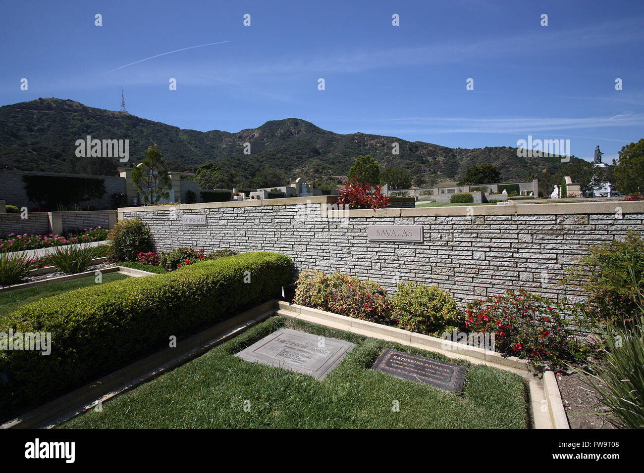 Celebrity final resting places - Forest Lawn Memorial Park Hollywood Hills: The grave of "Kojak" actor Telly Aristotle Savalas where he was laid to rest at the section Gardens of Heritage.  Featuring: Telly Savalas Where: Los Angeles, California, United S Stock Photo