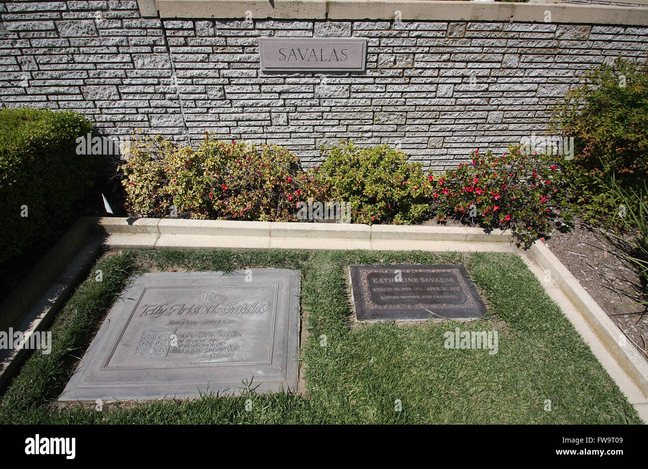 Celebrity final resting places - Forest Lawn Memorial Park Hollywood Hills: The grave of "Kojak" actor Telly Aristotle Savalas where he was laid to rest at the section Gardens of Heritage.  Featuring: Telly Savalas Where: Los Angeles, California, United S Stock Photo