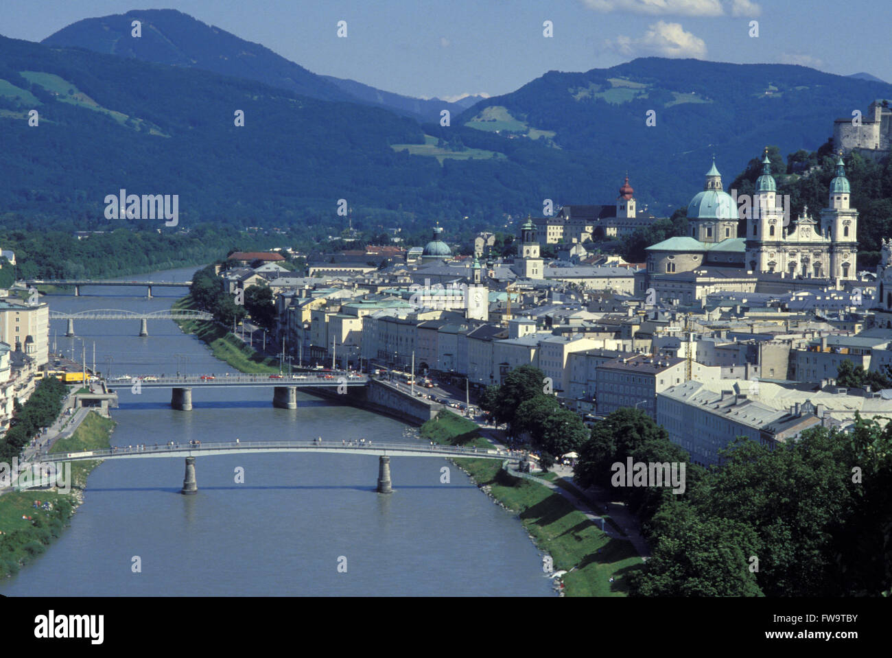 AUT, Austria, Salzburg, view from the Moenchsberg to the river Salzach and the city.  AUT, Oesterreich, Salzburg, Blick vom Moen Stock Photo