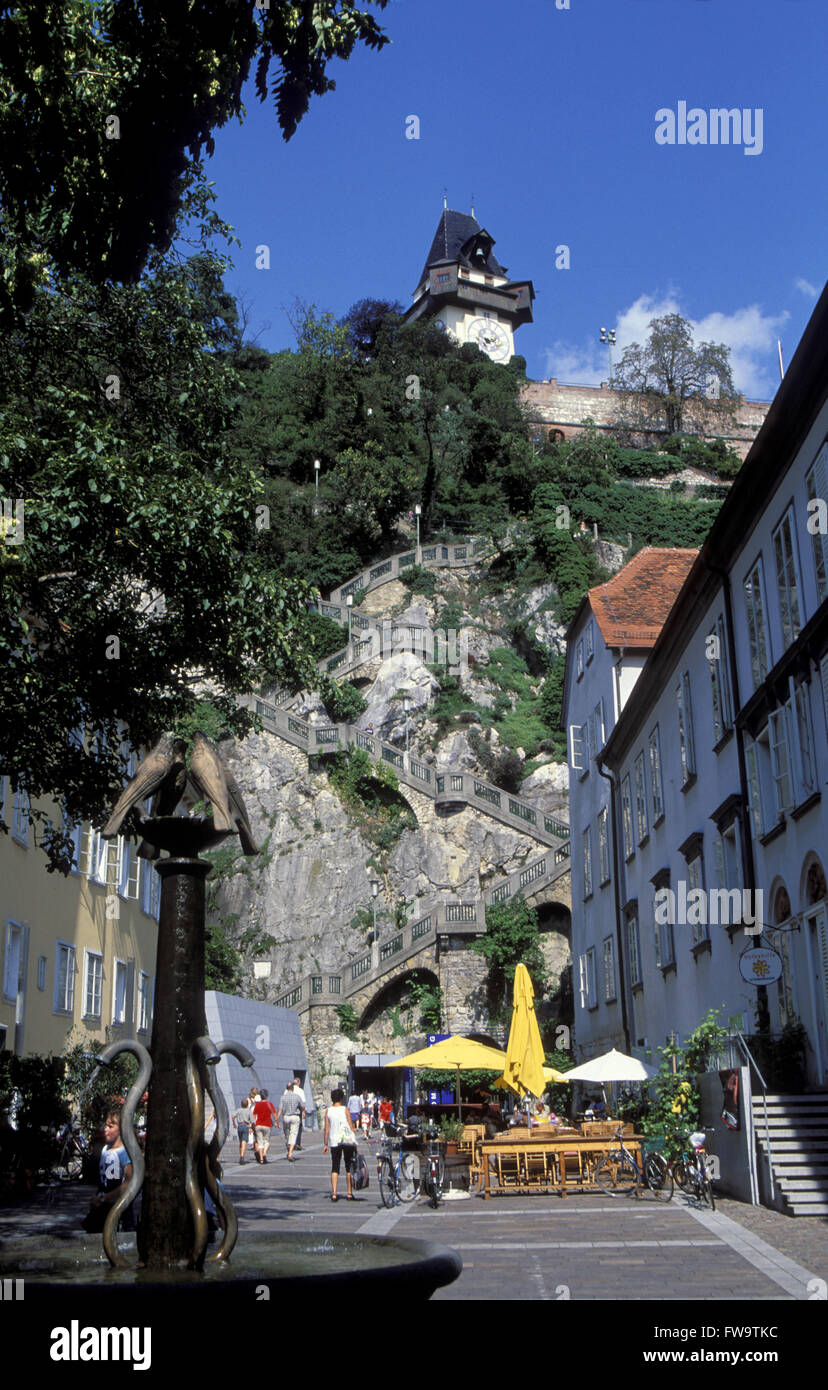 AUT, Austria, Graz, Schlossbergplatz, view to the Schlossberg with the clock tower.  AUT, Oesterreich, Graz, Schlossbergplatz, B Stock Photo