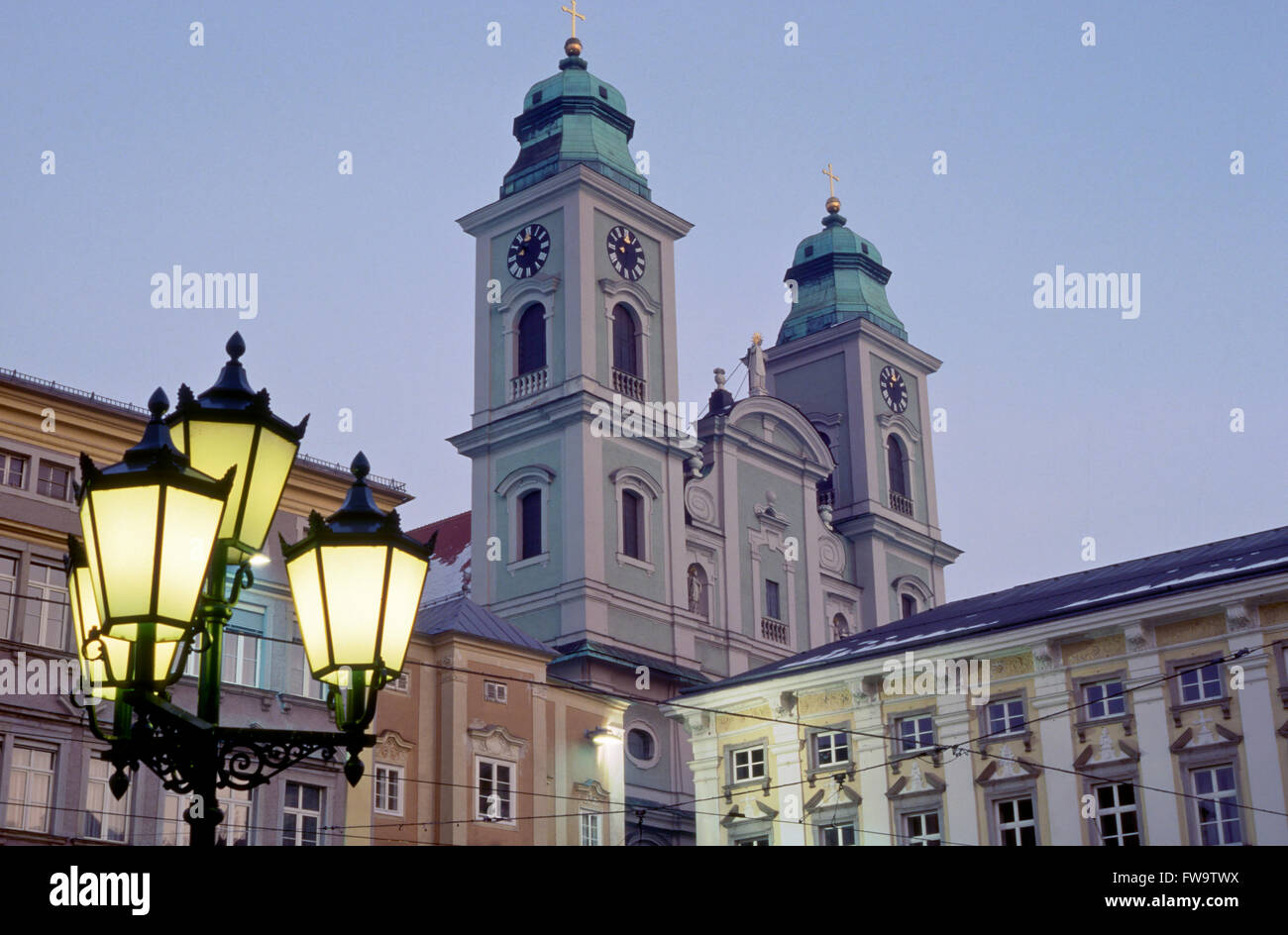 Europe, Austria, Linz, houses at the Main Square and the old cathedral ...