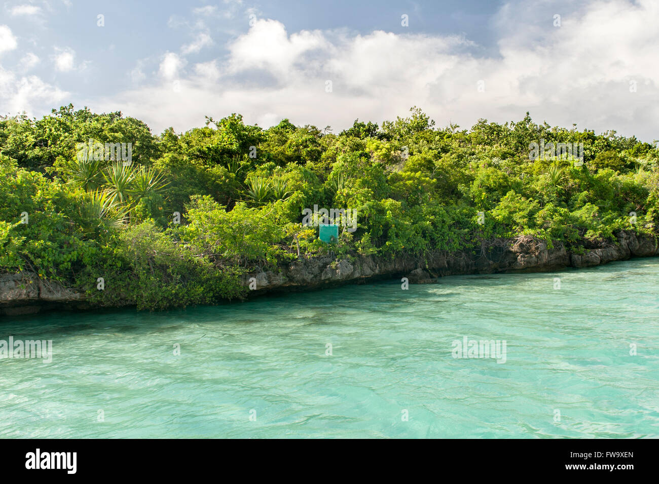The coastline and verdant vegetation of the islet of Ile Aux Aigrettes off the southeast coast of Mauritius. Stock Photo