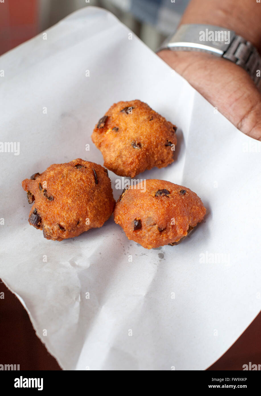 Gateaux piment, a savoury food in Mauritius. Stock Photo