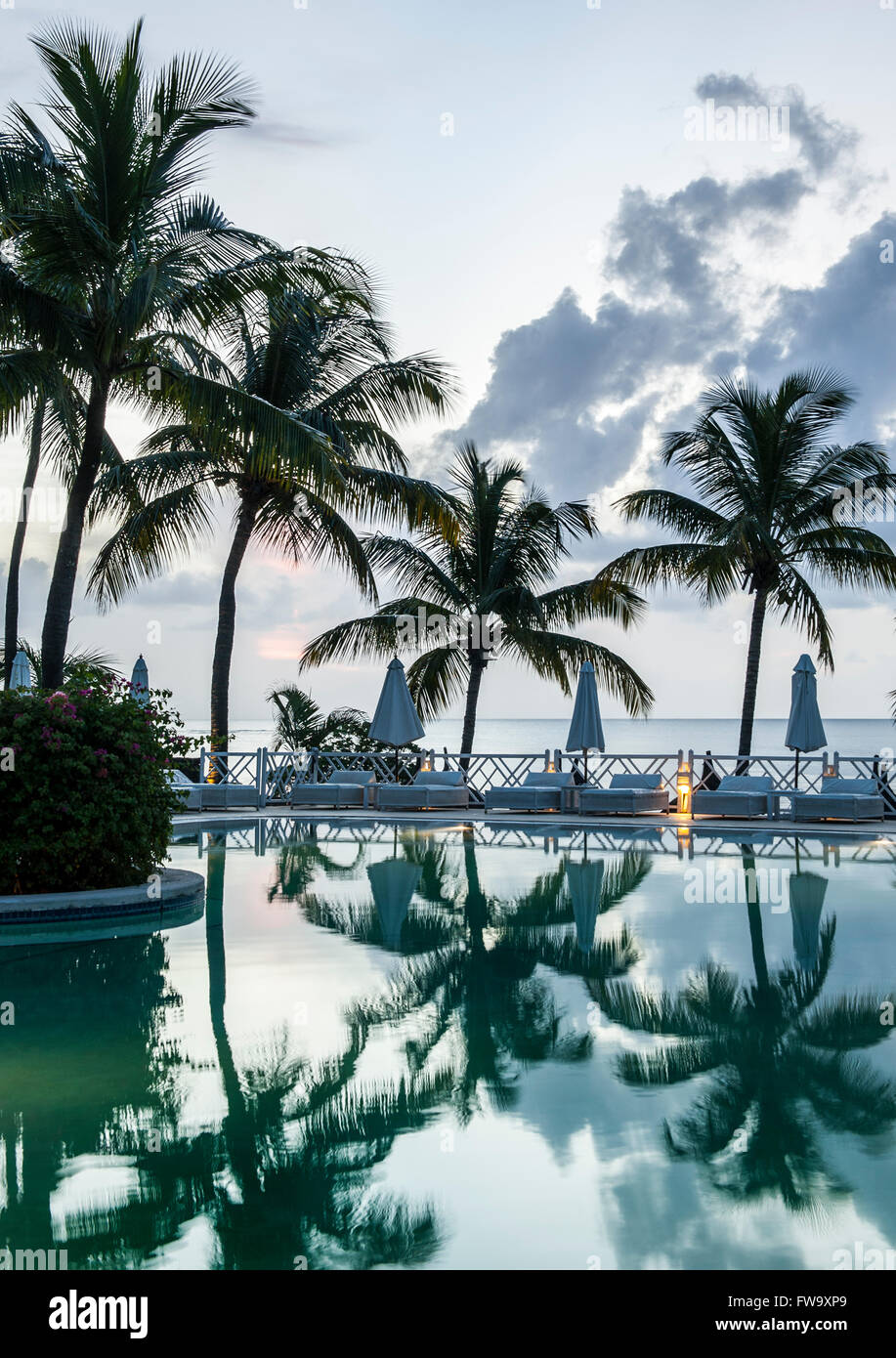 Palm trees and the swimming pool at the Maritim Hotel in Mauritius. Stock Photo