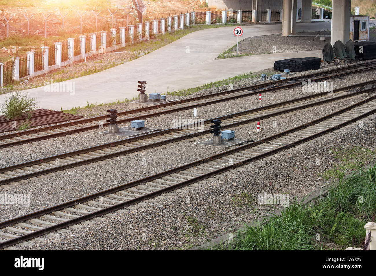 Rail Road Tracks - electrical. Looking down the train tracks Stock Photo