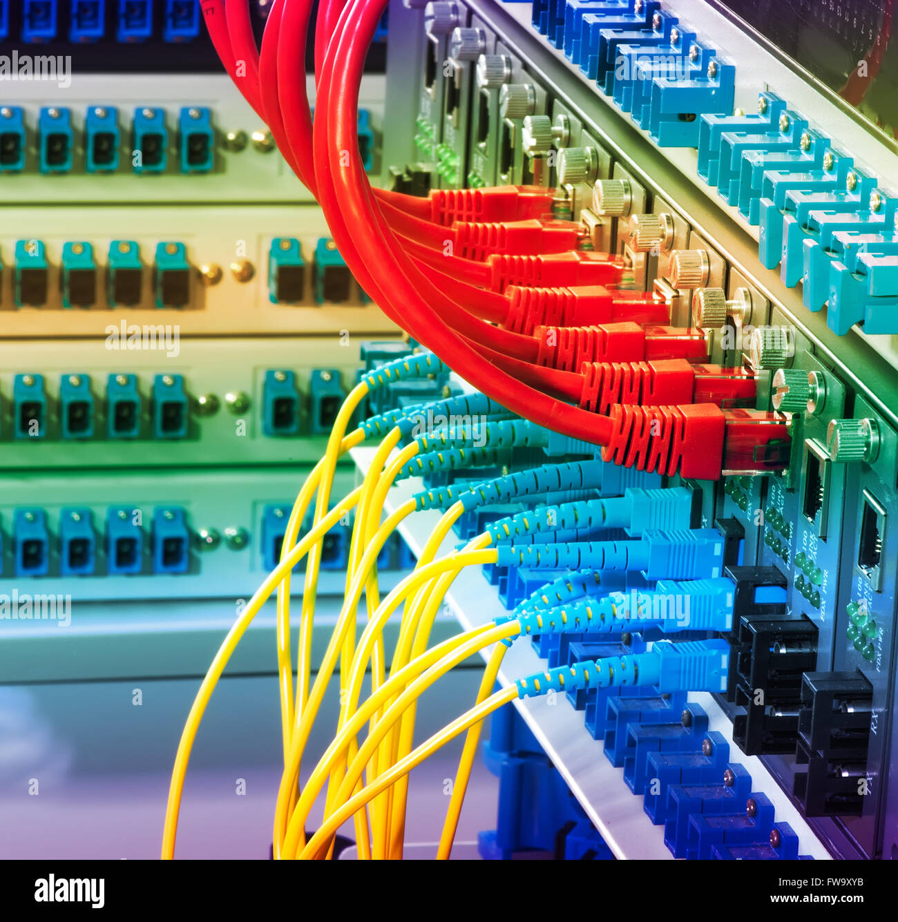 Fiber Optic cables connected to an optic ports and Network cables connected to ethernet ports Stock Photo