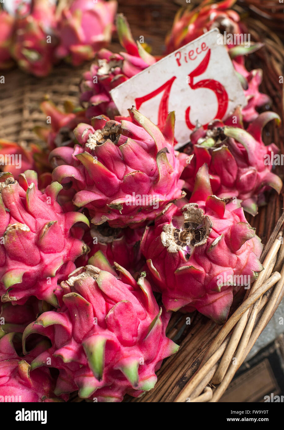 Pitaya (aka Dragon fruit) for sale at the market in Port Louis, the capital of Mauritius. Stock Photo