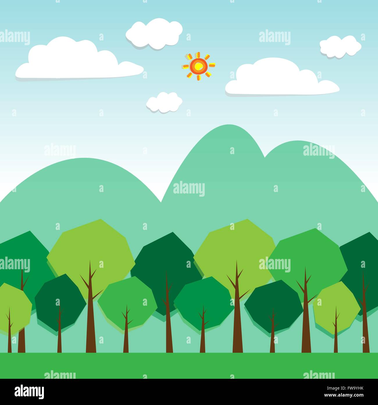 Green trees and forests. Clouds with sun. A vector illustration Stock ...