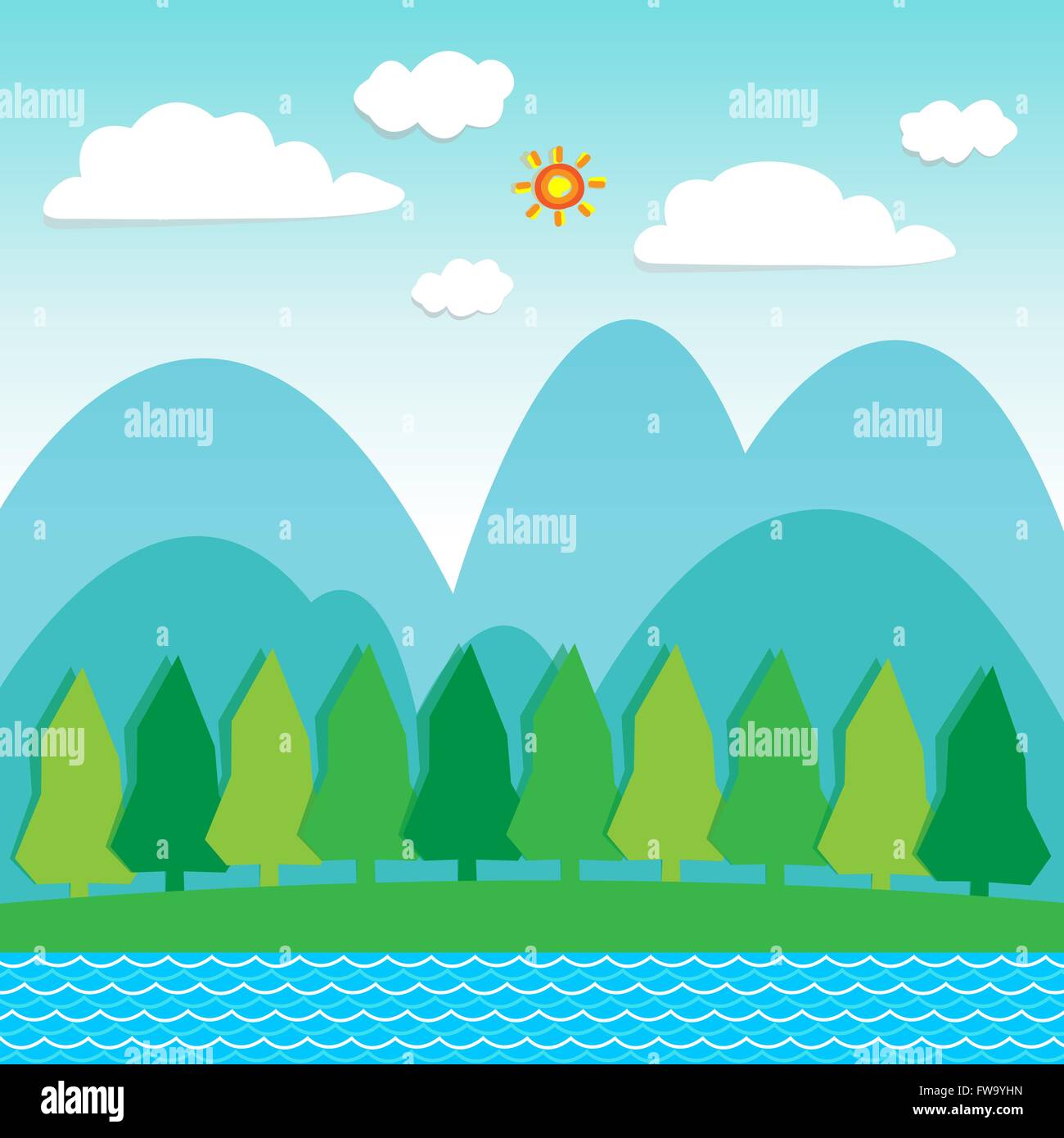 Sea blue sky lake mountains tree. Illustration  landscape. Stock Vector