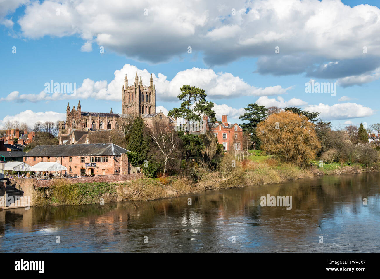 Hereford Cathedral and the River Wye on a sunny Spring day Stock Photo