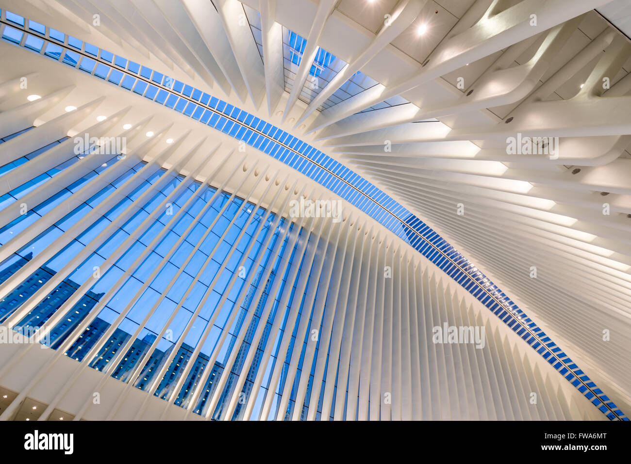Interior view of the Oculus, World Trade Center Path Station at twilight, Manhattan Financial District, New York City Stock Photo