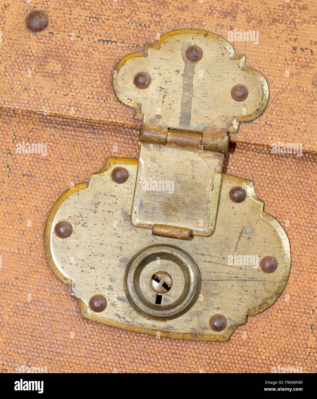 Old canvas trunk lock close up, vintage Stock Photo