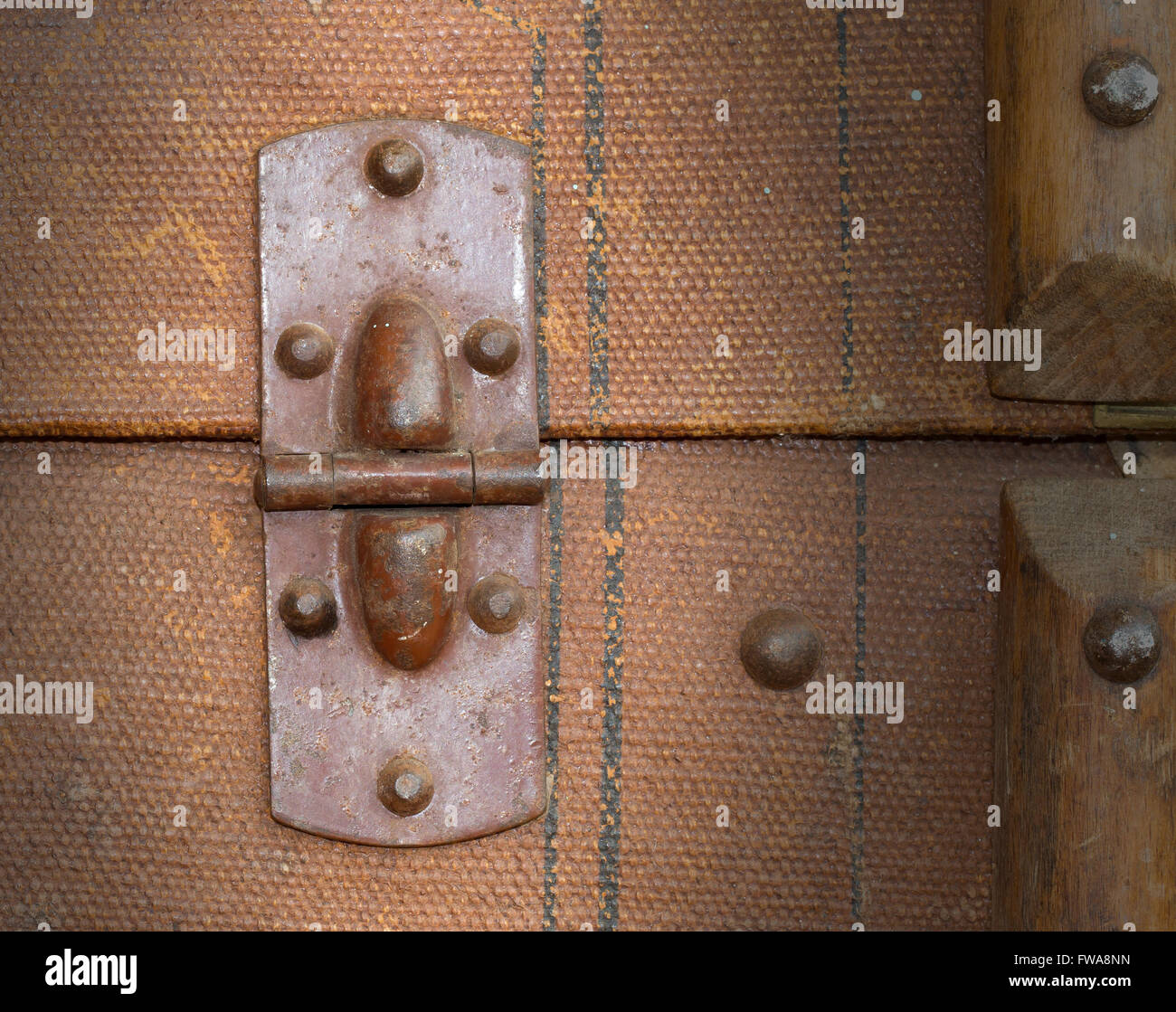 Old canvas trunk hinge close up, vintage Stock Photo