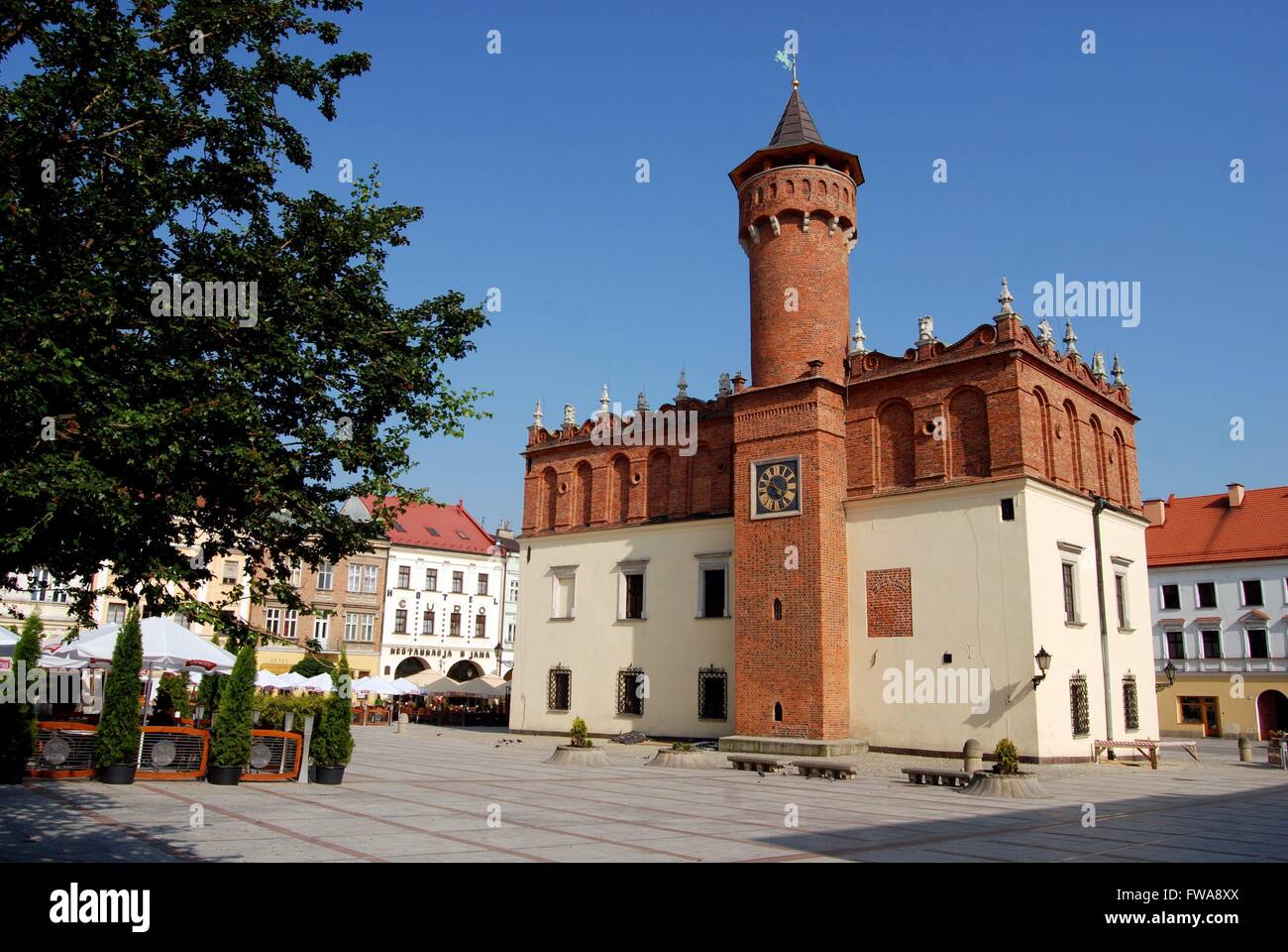 Tarnow, Poland :  Renaissance Ratusz (Town Hall) with its medieval tower sits in the center of the old Rynek Market Square Stock Photo