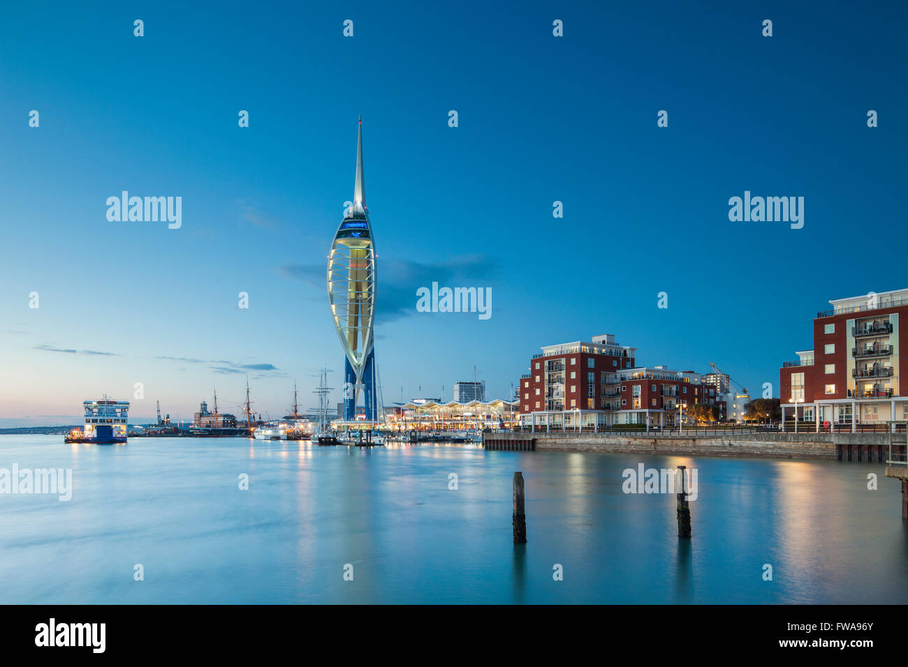 Dusk at Spinnaker Tower, Portsmouth, England. Stock Photo
