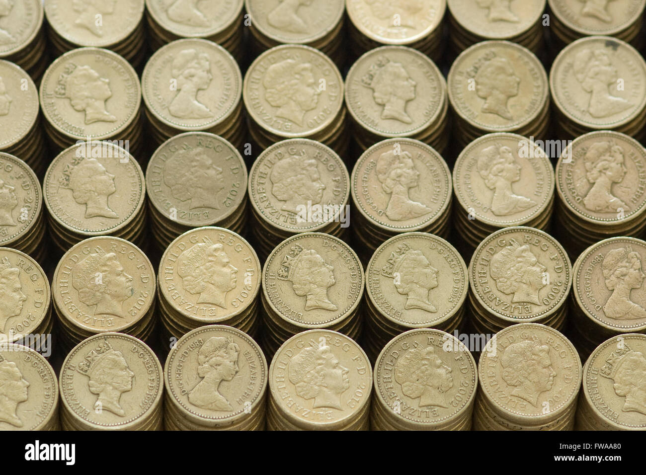 old one pound coins from a piggy bank Stock Photo