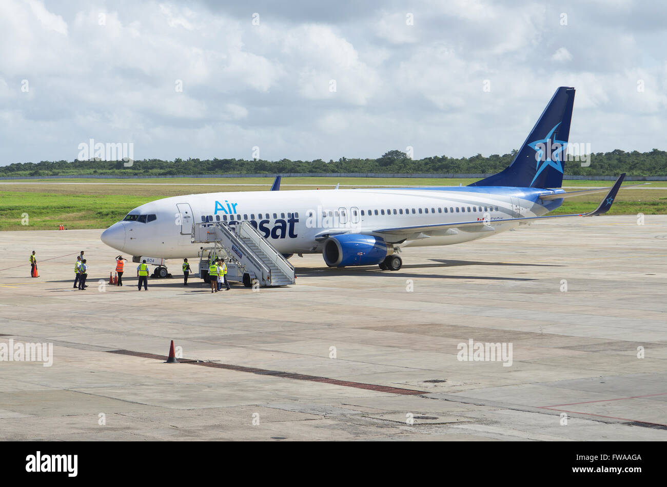 VARADERO, CUBA - DECEMBER 25, 2015: Air Transat airlines Boeing 737 at Juan Gualberto Gomez Airport, formerly known as Varadero Stock Photo