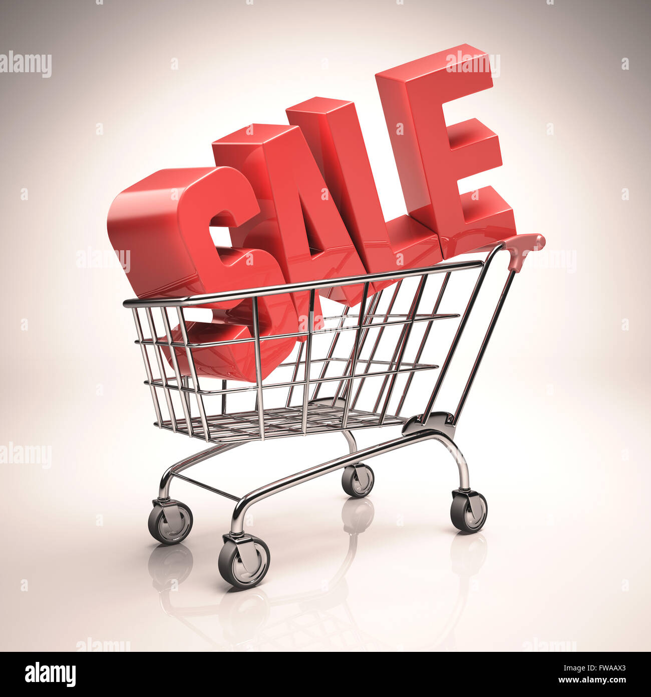 3D image concept. 'Sale' word in red inside a shopping cart. Clipping path included. Stock Photo