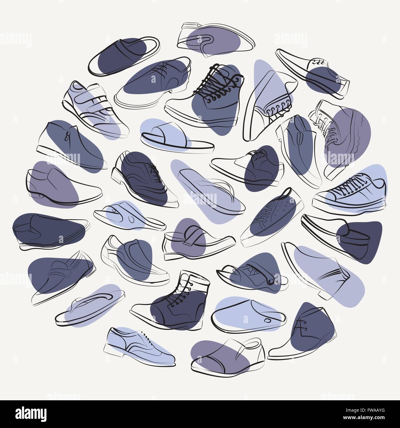Elegant collage of mens shoes and boots on a colorful spots. Stock Vector