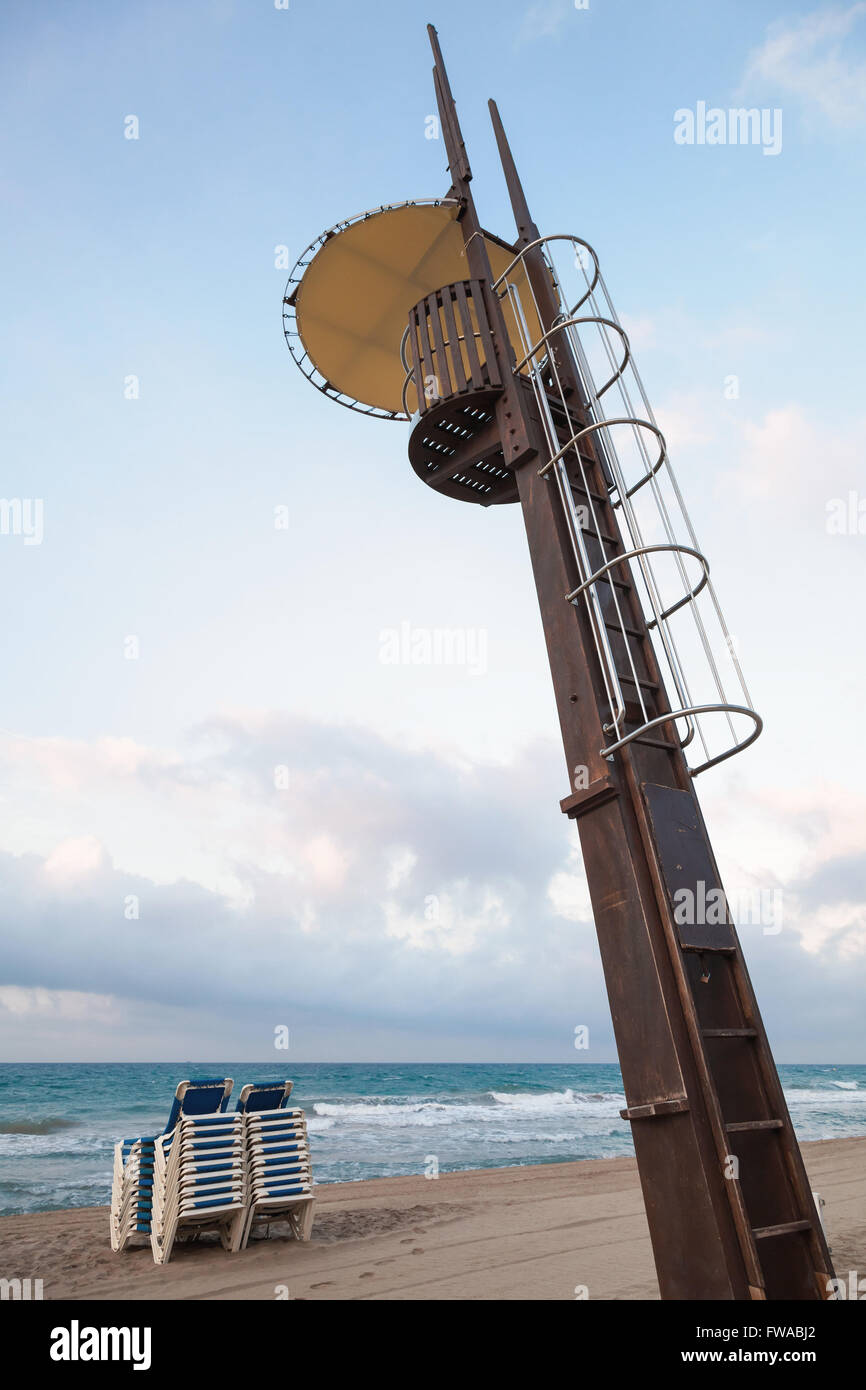 Rescue tower on the beach of Calafell resort town, Tarragona region, Catalonia, Spain Stock Photo