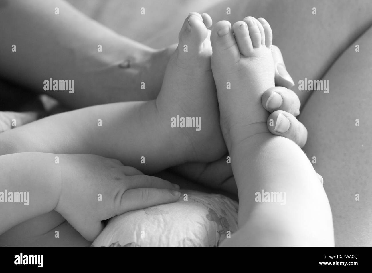 Black and white, close up of baby's hand and feet Stock Photo