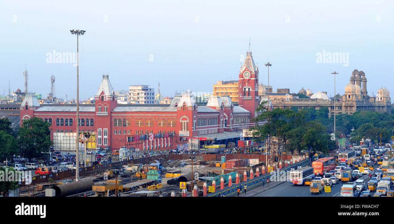 Chennai Central Railway Station Building.Chennai,Tamil Nadu,Madras Central, India.Chennai cityscape.Madras Central, Stock Photo