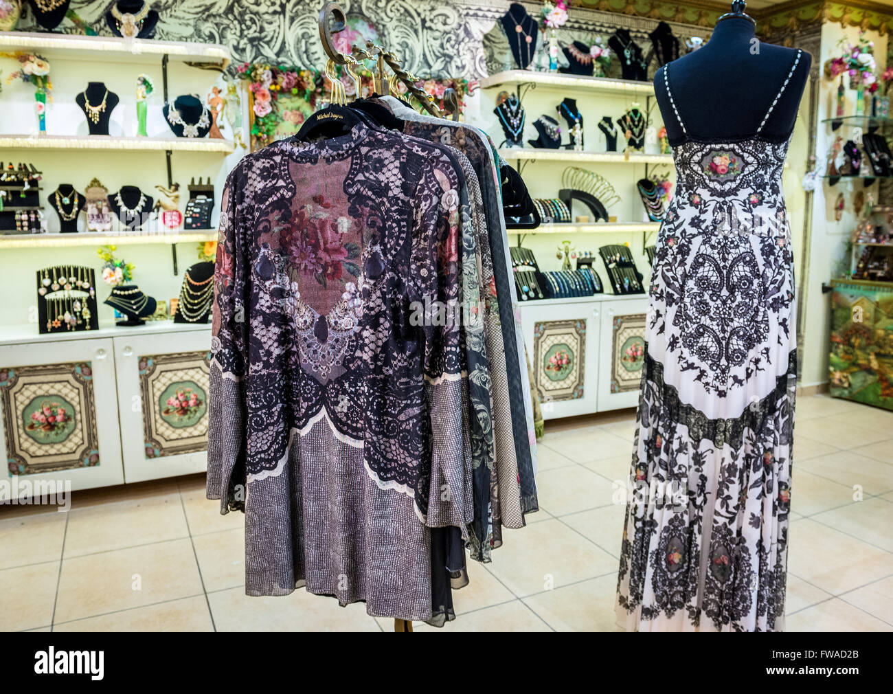 clothes in gallery shop of Visitors center called The World of Michal Negrin  in Bat Yam city, Israel Stock Photo - Alamy