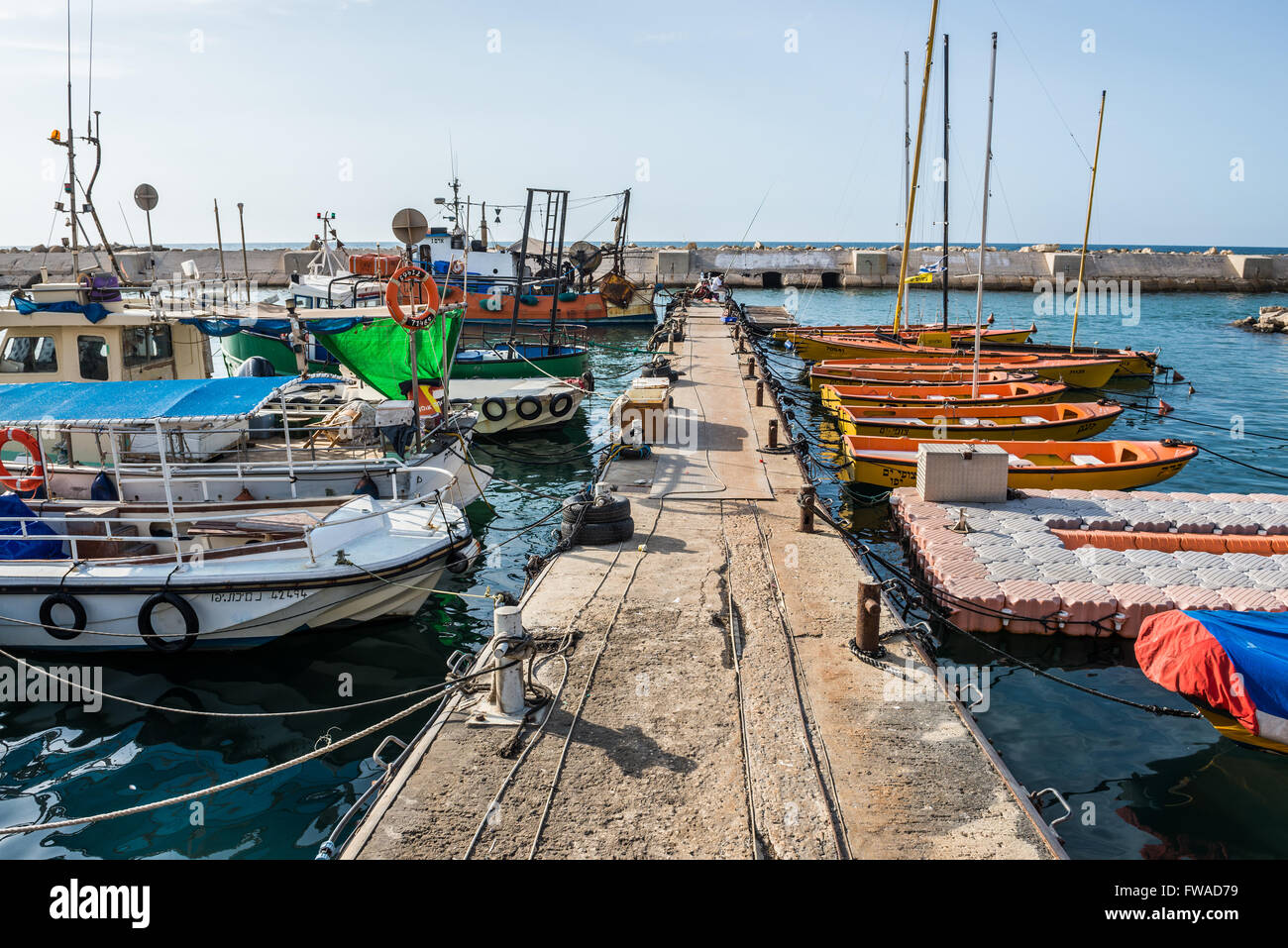 Fishing boats in Jaffa Port in Jaffa, oldest part of Tel Aviv city, Israel Stock Photo