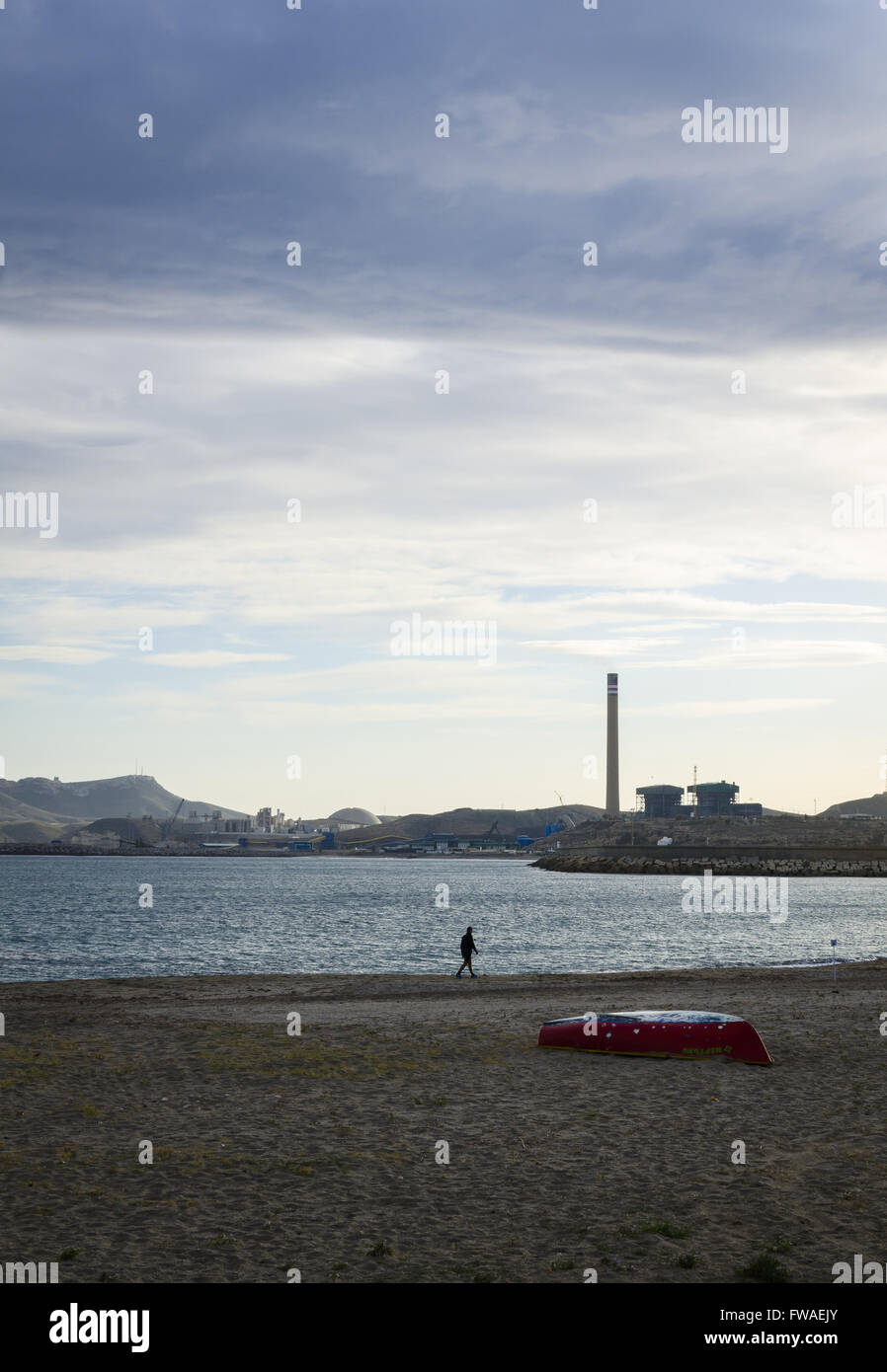 A red boat view in Carboneras beach, Almeria, Spain Stock Photo