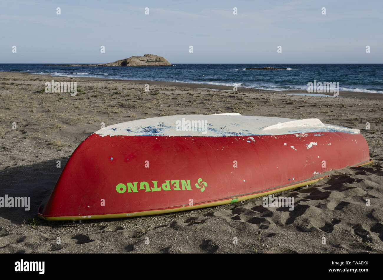 A red boat view on Carboneras beach, Almeria province, Spain Stock Photo