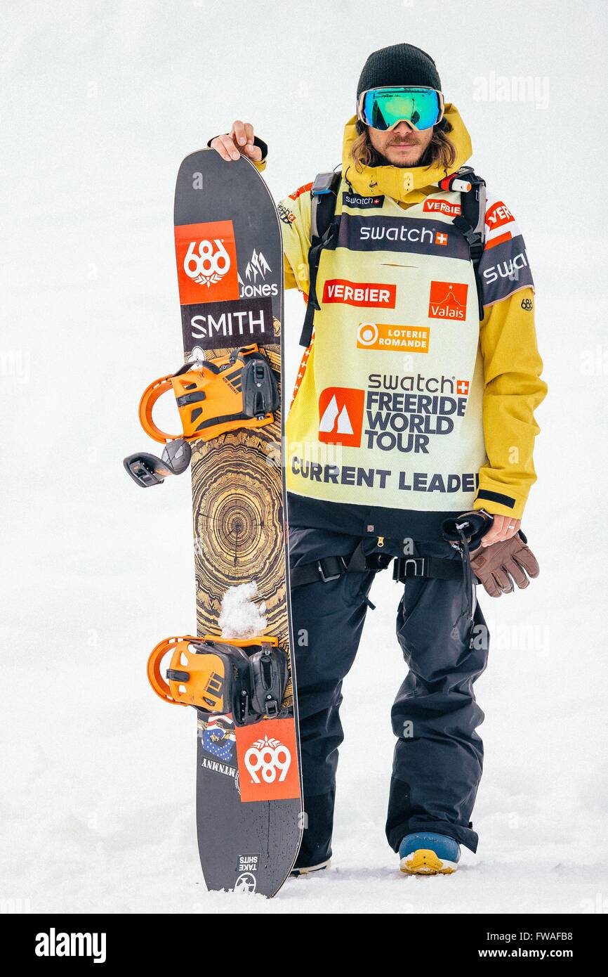 VERBIER, Switzerland: April, 2, 2016 Snowboard World Freeride Champion Sammy Luebke of the USA. Stock Photo