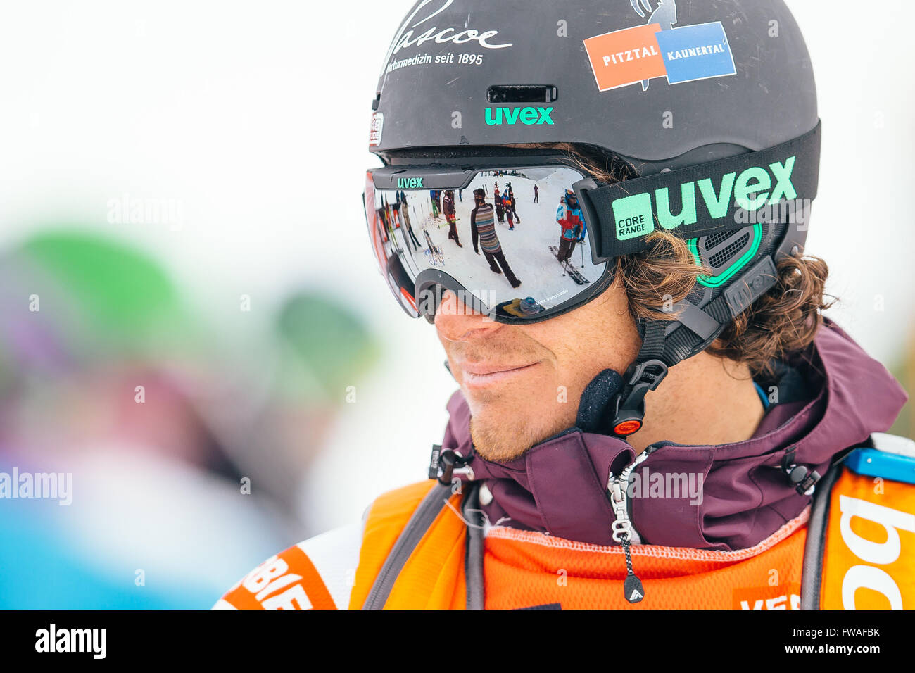 VERBIER, Switzerland: April, 2, 2016  German freeride skier Felix Wiemers at the Verbier Xtreme contest. Stock Photo