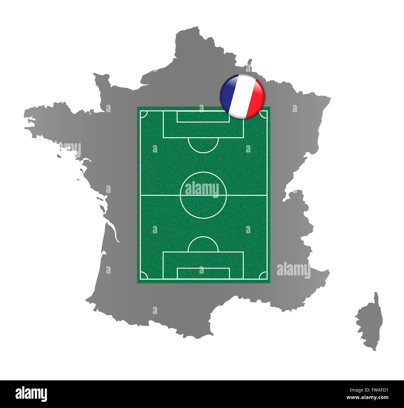 Map of France with a pinned soccer-football field Stock Photo