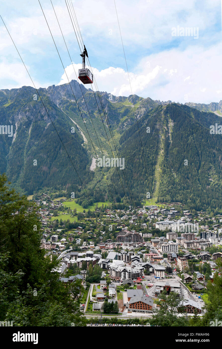 The Aiguille du Midi cable car over the town of Chamonix, HauteSavoie