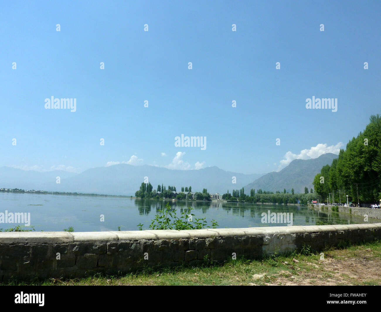Dal Lake, Srinagar, Kashmir, with beautiful boulevard road winding along its banks, tall poplar and willow trees and hotel compl Stock Photo