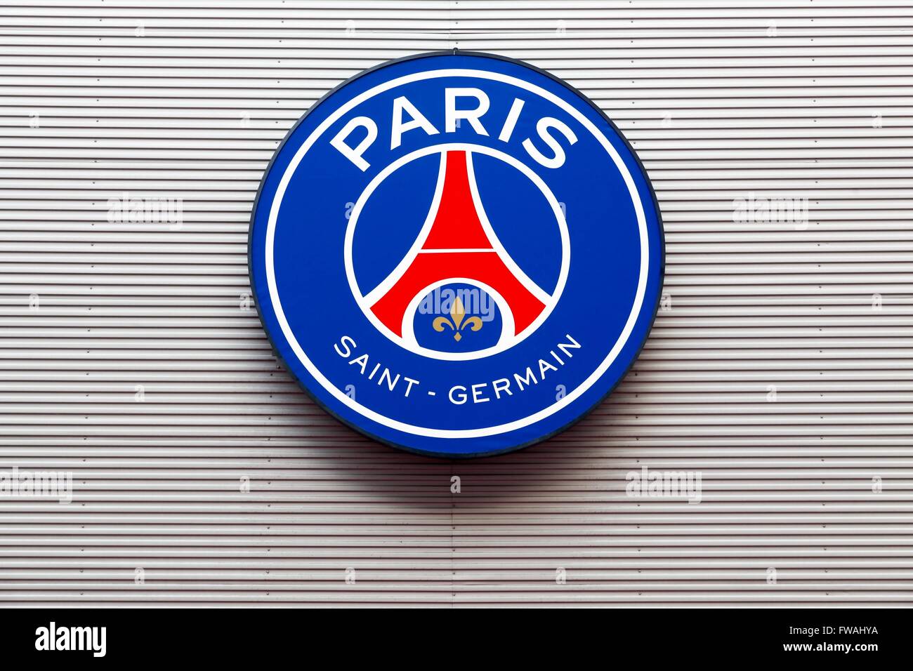 PSG logo on the wall of Parc des Princes in Paris, France Stock Photo