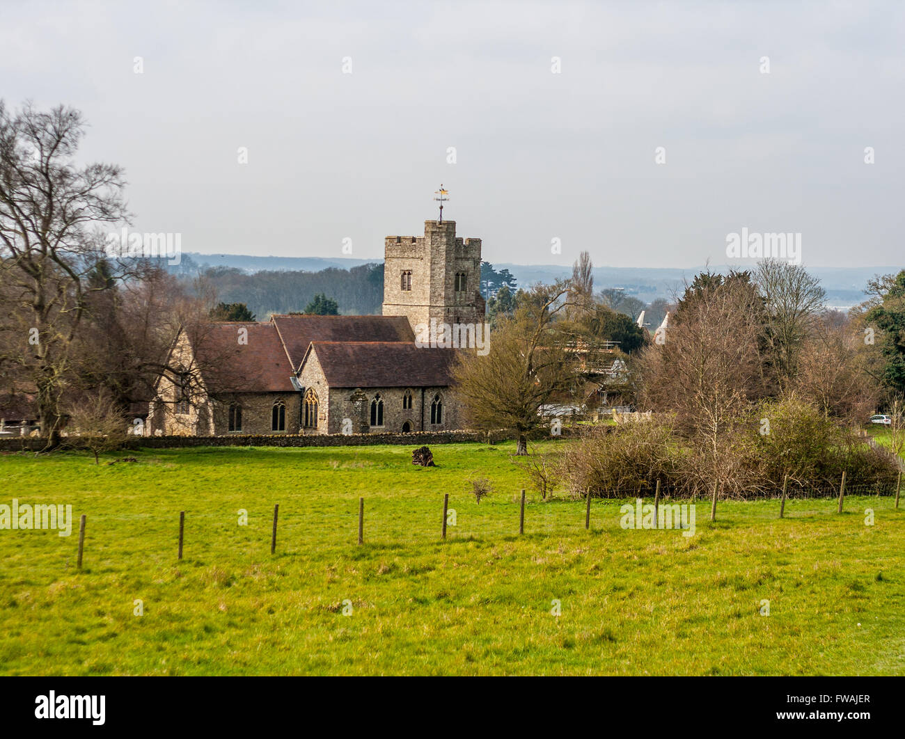 Boxley village and St Mary's church Boxley, Kent across green fields from a distance Stock Photo