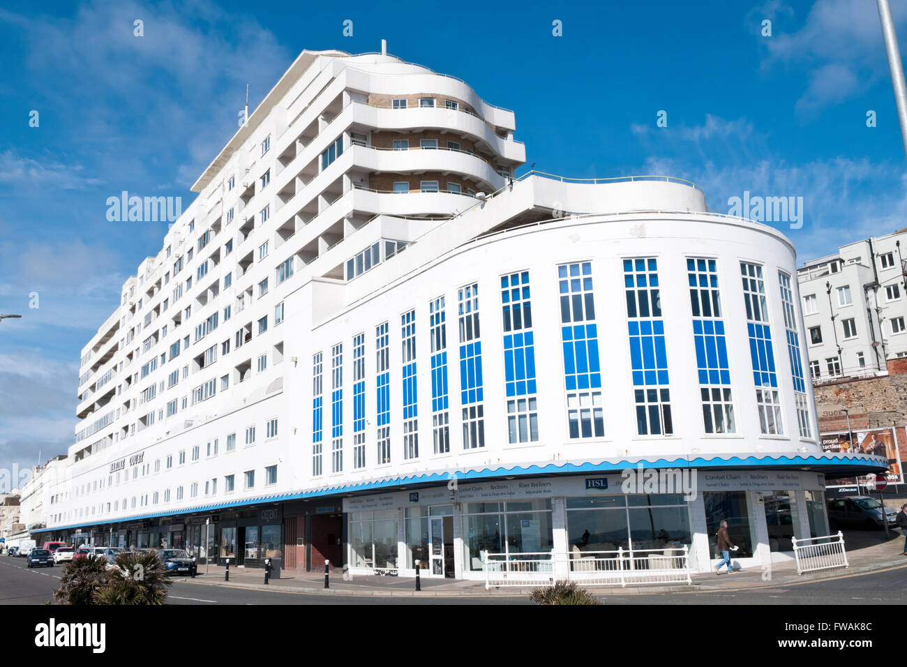 Marine Court in St Leonards-on-Sea, a striking art-deco building in the shape of an ocean liner Stock Photo