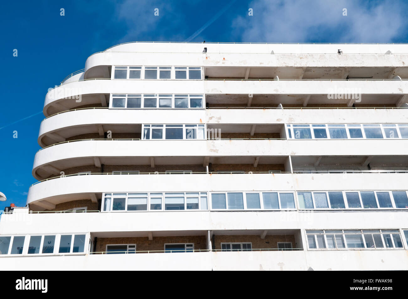 Detail of the balconies at Marine Court in St Leonards-on-Sea, a striking art-deco building in the shape of an ocean liner Stock Photo