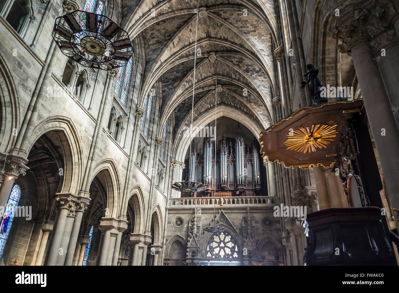 The pipe organ in nave of St Louis des Chartrons church. Bordeaux, Aquitaine, France. Stock Photo